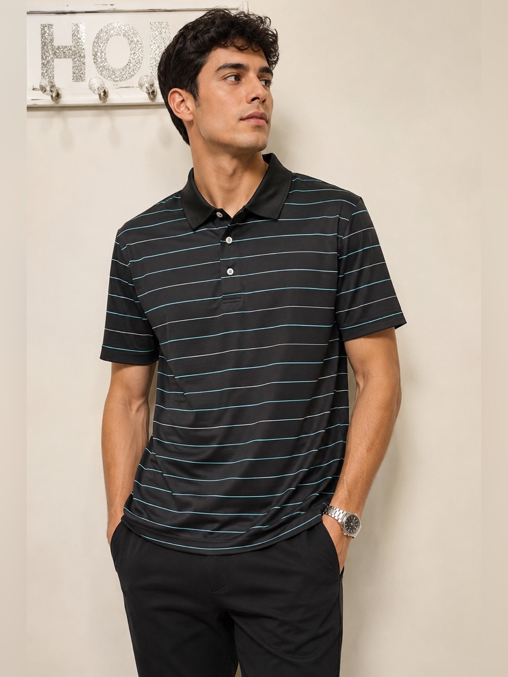 NWT Ben Hogan Performance Golf Polo Shirt L Black Stripe Stretch Polo